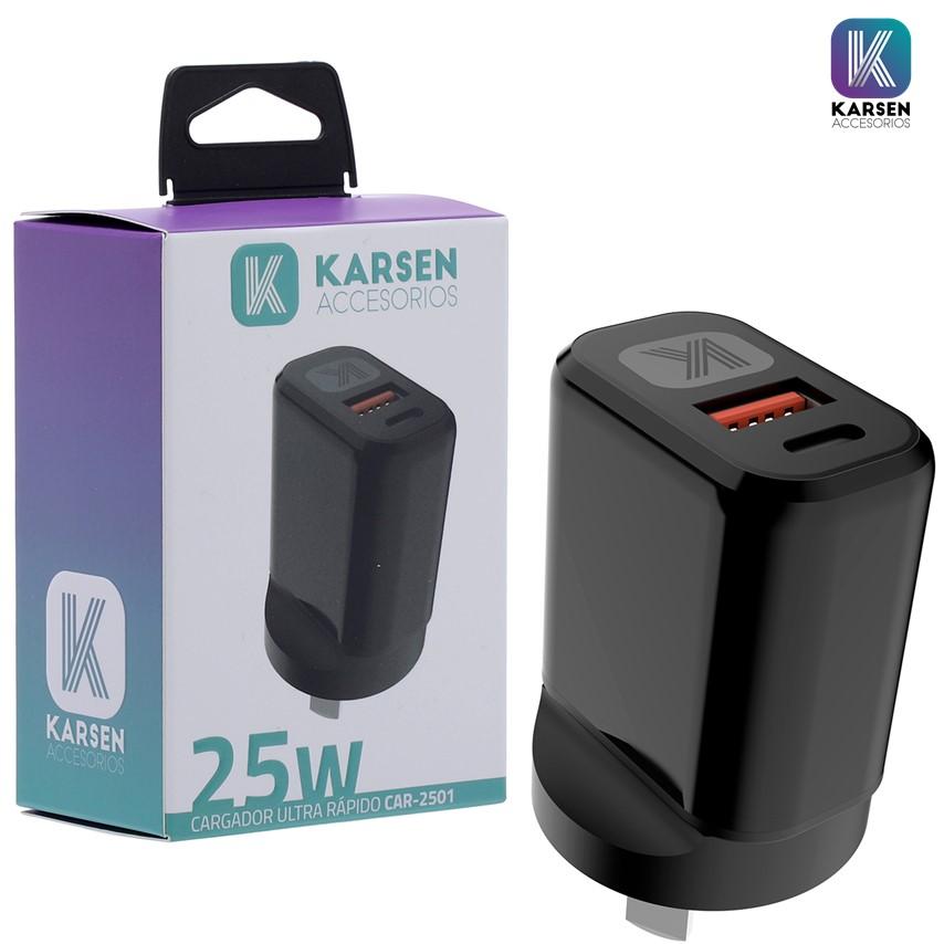 CARGADOR 220V CABEZAL 25W - KARSEN 2501 USB/TIPO C CARGA RÁPIDA NEGRO 1315